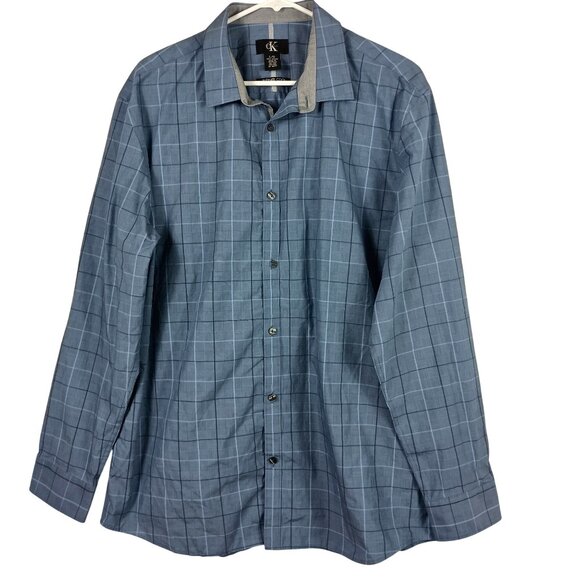 Calvin Klein Mens Infinite Cool Plaid Long Sleeve Button-Down Shirt Size L Blue - Picture 1 of 6
